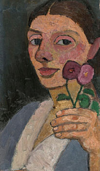 Paula Modersohn-Becker's Self-Portrait with Two Flowers in Her Raised Left Hand (Museum of Modern Art/Neue Galerie, 1907)